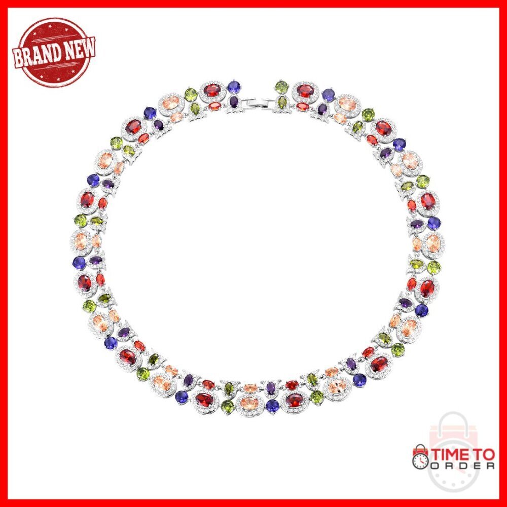 Multicolor CZ Tennis Necklace 18 Inch Brass Statement Collar